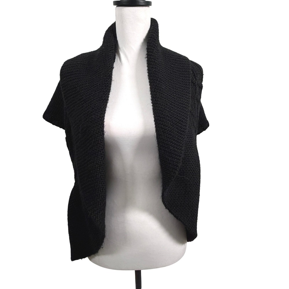 SHAE Cardigan Sweater Womens L Black Excellent Cable Knit Wool Alpaca Cap Sleeve